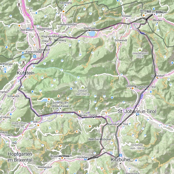 Miniatuurkaart van de fietsinspiratie "100 km fietsen door de prachtige regio rond Kirchberg in Tirol" in Tirol, Austria. Gemaakt door de Tarmacs.app fietsrouteplanner