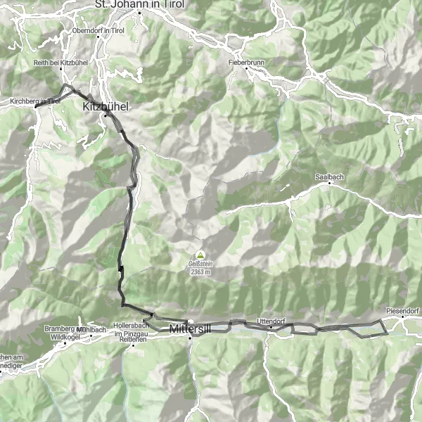 Karttaminiaatyyri "Kitzbühel Loop – Pittoreski maisemareitti" pyöräilyinspiraatiosta alueella Tirol, Austria. Luotu Tarmacs.app pyöräilyreittisuunnittelijalla