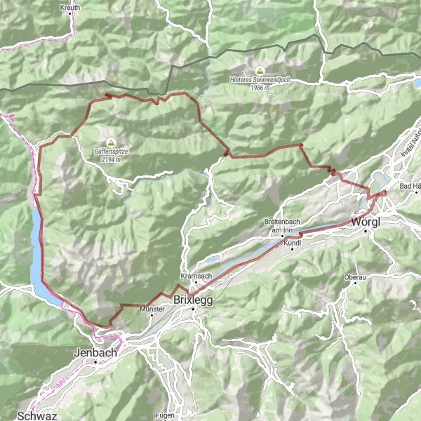 Zemljevid v pomanjšavi "Gravel Route around Kirchbichl" kolesarske inspiracije v Tirol, Austria. Generirano z načrtovalcem kolesarskih poti Tarmacs.app