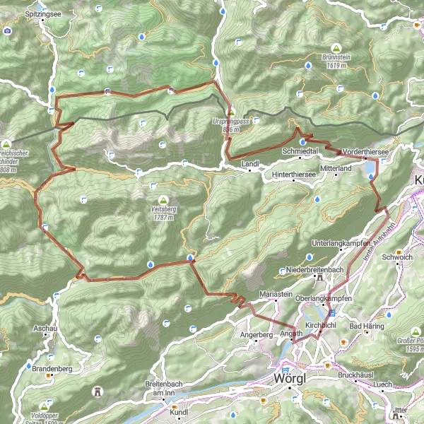 Miniatura della mappa di ispirazione al ciclismo "Sfida su terreni accidentati tra Angath e Oberlangkampfen" nella regione di Tirol, Austria. Generata da Tarmacs.app, pianificatore di rotte ciclistiche