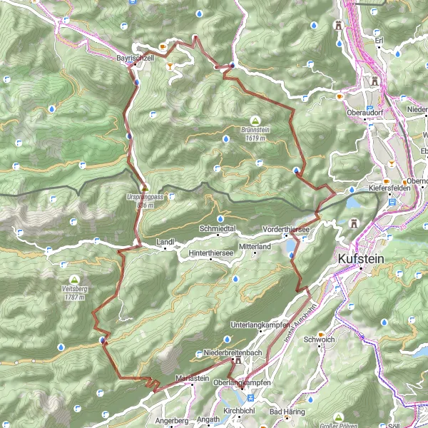 Zemljevid v pomanjšavi "Challenging gravel route through Nöck and Bayrischzell" kolesarske inspiracije v Tirol, Austria. Generirano z načrtovalcem kolesarskih poti Tarmacs.app