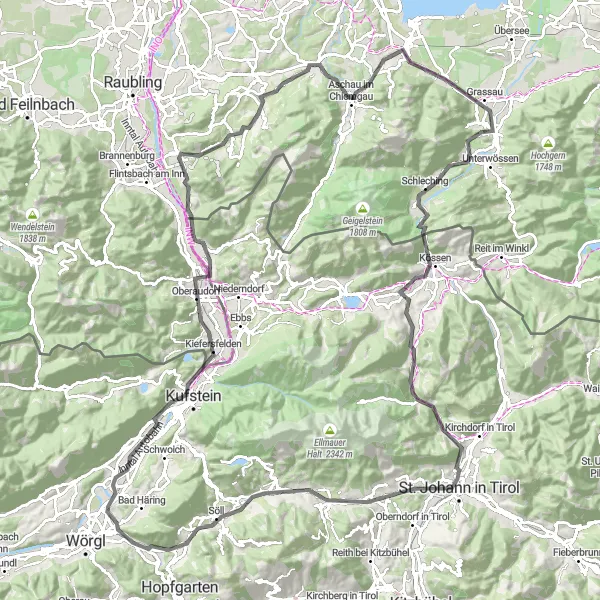 Karten-Miniaturansicht der Radinspiration "Tour um Kirchbichl mit 1769 m Anstieg und 132 km" in Tirol, Austria. Erstellt vom Tarmacs.app-Routenplaner für Radtouren