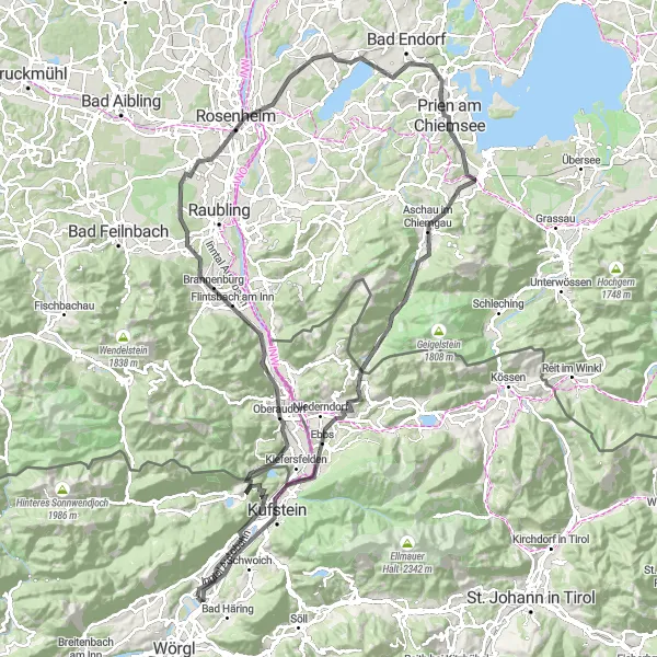 Karttaminiaatyyri "Mäkistä tiellä aurinkoiseen Tiroliin" pyöräilyinspiraatiosta alueella Tirol, Austria. Luotu Tarmacs.app pyöräilyreittisuunnittelijalla