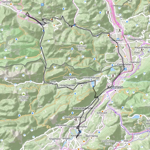 Mapa miniatúra "Cesta cez údolia a hory" cyklistická inšpirácia v Tirol, Austria. Vygenerované cyklistickým plánovačom trás Tarmacs.app