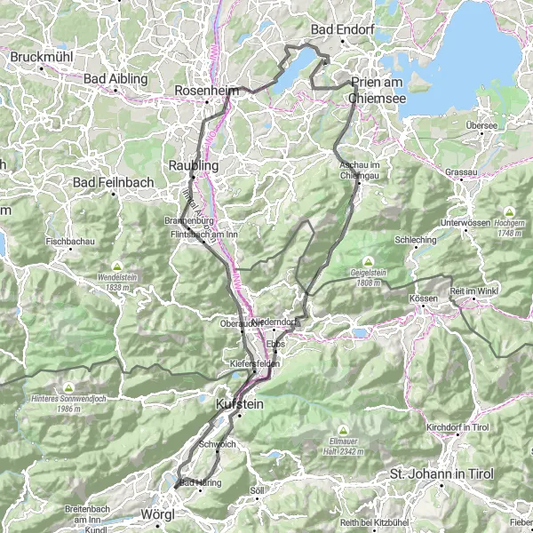 Zemljevid v pomanjšavi "Road Tour near Kirchbichl" kolesarske inspiracije v Tirol, Austria. Generirano z načrtovalcem kolesarskih poti Tarmacs.app