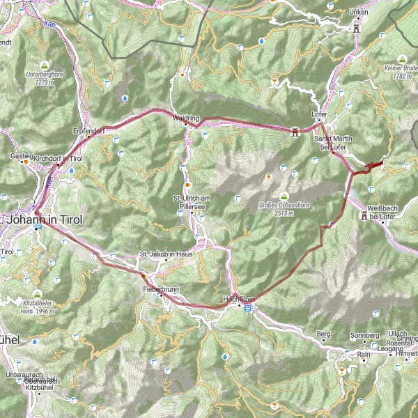 Miniatua del mapa de inspiración ciclista "Aventura en bicicleta de grava en Tirol" en Tirol, Austria. Generado por Tarmacs.app planificador de rutas ciclistas