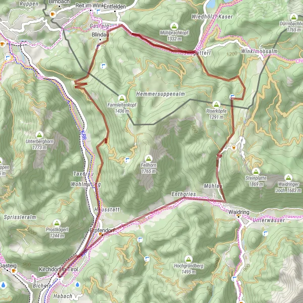 Miniatua del mapa de inspiración ciclista "Aventura Gravel Heuchenberg-Erpfendorf" en Tirol, Austria. Generado por Tarmacs.app planificador de rutas ciclistas