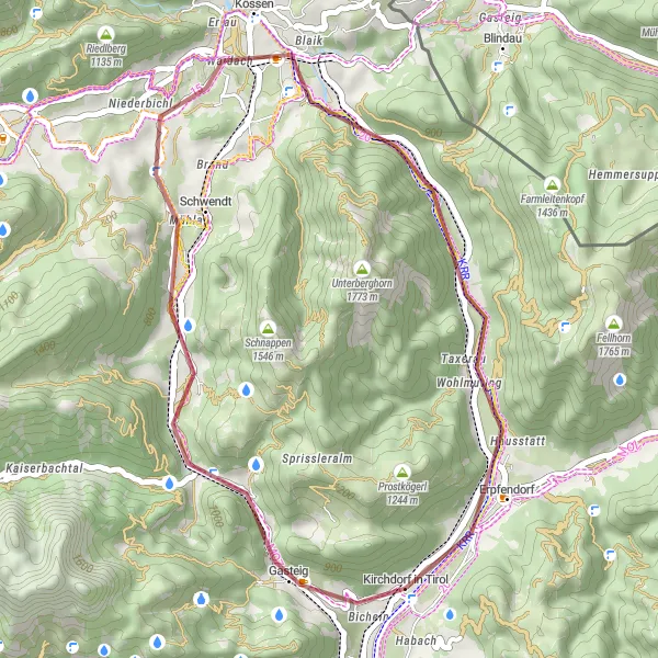 Miniatua del mapa de inspiración ciclista "Ruta de Grava Reitberg-Kössen" en Tirol, Austria. Generado por Tarmacs.app planificador de rutas ciclistas
