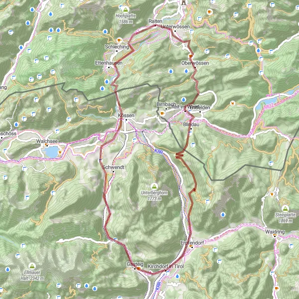 Zemljevid v pomanjšavi "Gravelska avantura skozi Kirchdorf in Tirol" kolesarske inspiracije v Tirol, Austria. Generirano z načrtovalcem kolesarskih poti Tarmacs.app