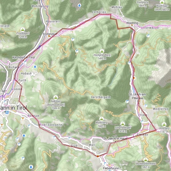 Kartminiatyr av "Slingrande Rutt till Kirchdorf in Tirol" cykelinspiration i Tirol, Austria. Genererad av Tarmacs.app cykelruttplanerare