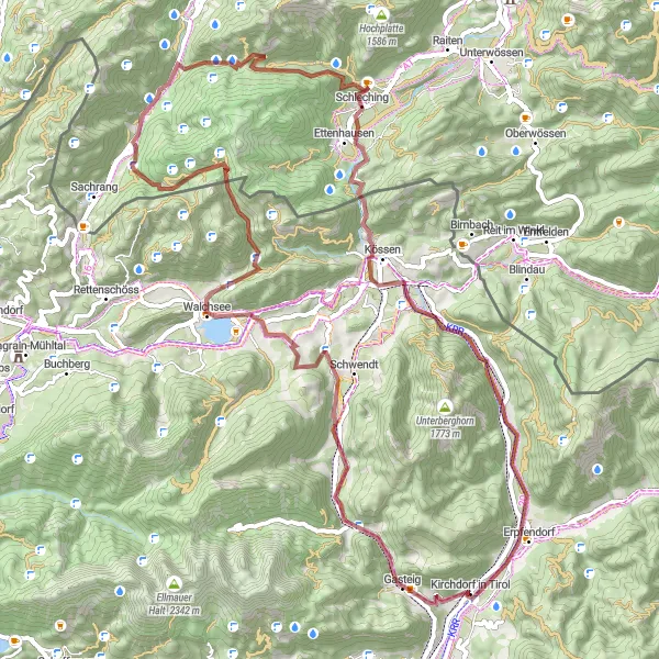 Miniatua del mapa de inspiración ciclista "Desafío de Grava Reitberg-Schleching" en Tirol, Austria. Generado por Tarmacs.app planificador de rutas ciclistas