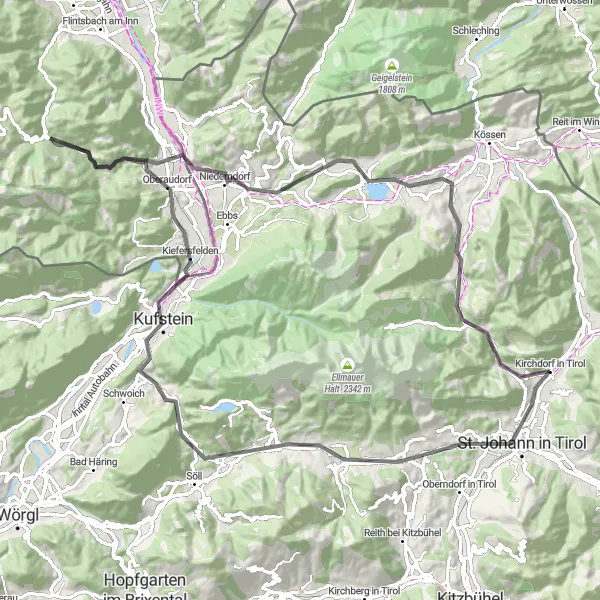 Miniature de la carte de l'inspiration cycliste "Circuit de vélo de route autour de Kirchdorf" dans la Tirol, Austria. Générée par le planificateur d'itinéraire cycliste Tarmacs.app