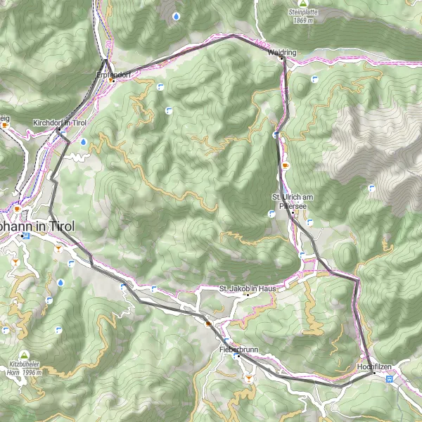 Zemljevid v pomanjšavi "Cestna kolesarska tura skozi Fieberbrunn" kolesarske inspiracije v Tirol, Austria. Generirano z načrtovalcem kolesarskih poti Tarmacs.app