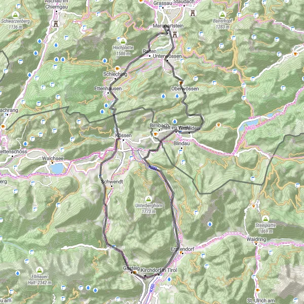 Miniatuurkaart van de fietsinspiratie "Pittoreske wegfietsroute naar Erpfendorf" in Tirol, Austria. Gemaakt door de Tarmacs.app fietsrouteplanner