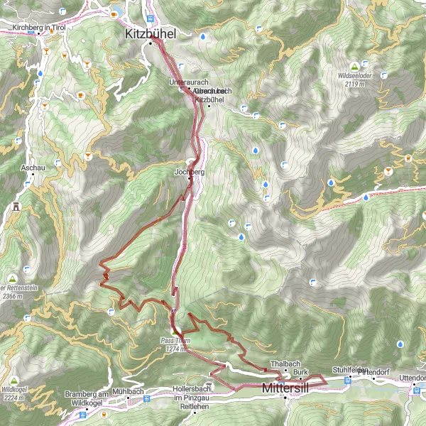 Map miniature of "Fiaker & Pass Thurn Gravel Loop" cycling inspiration in Tirol, Austria. Generated by Tarmacs.app cycling route planner