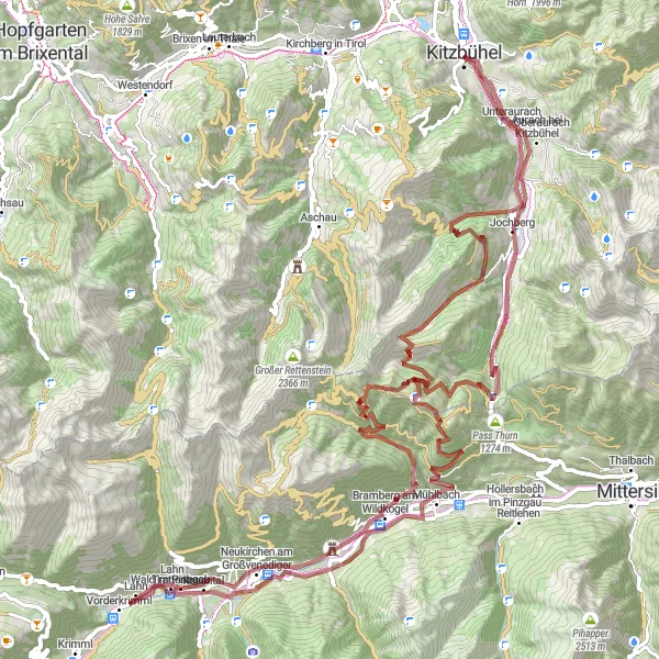 Map miniature of "Fiaker & Pass Thurn Extended Gravel Loop" cycling inspiration in Tirol, Austria. Generated by Tarmacs.app cycling route planner