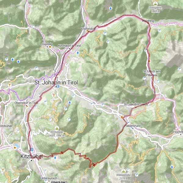 Miniatura della mappa di ispirazione al ciclismo "Avventura Gravel Lebenberg - Jochberger Tor" nella regione di Tirol, Austria. Generata da Tarmacs.app, pianificatore di rotte ciclistiche