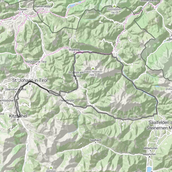 Miniaturní mapa "Road Route: Kitzbühel - Fieberbrunn - St. Johann in Tirol - Jochberger Tor" inspirace pro cyklisty v oblasti Tirol, Austria. Vytvořeno pomocí plánovače tras Tarmacs.app