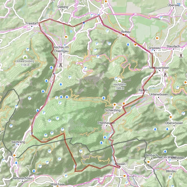 Miniatura mapy "Trasa rowerowa gravelowa na 61 km w okolicach Kössen" - trasy rowerowej w Tirol, Austria. Wygenerowane przez planer tras rowerowych Tarmacs.app