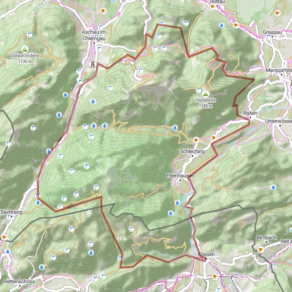 Karttaminiaatyyri "Kössen - Aussichtsplattform Kössener Schichten" pyöräilyinspiraatiosta alueella Tirol, Austria. Luotu Tarmacs.app pyöräilyreittisuunnittelijalla