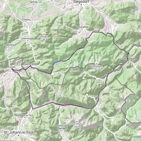 Miniatura della mappa di ispirazione al ciclismo "Giro in bici tra Seegatterl e Lofer" nella regione di Tirol, Austria. Generata da Tarmacs.app, pianificatore di rotte ciclistiche