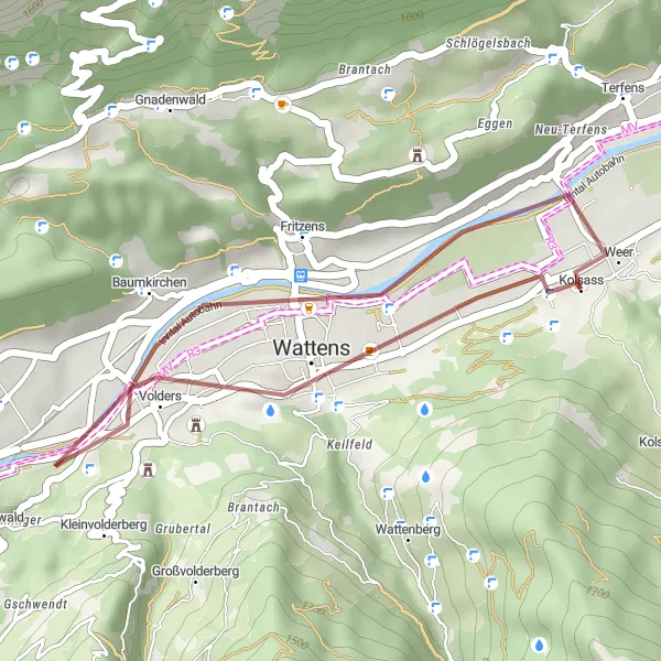 Kartminiatyr av "Grusvei Eventyr rundt Kolsass" sykkelinspirasjon i Tirol, Austria. Generert av Tarmacs.app sykkelrutoplanlegger