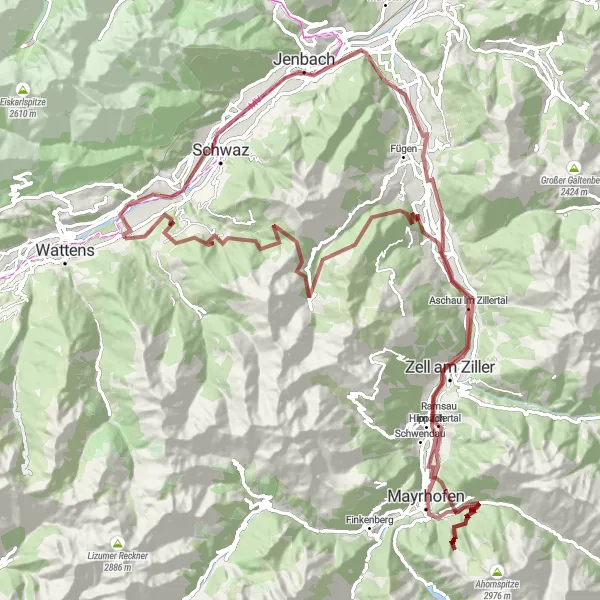 Miniatua del mapa de inspiración ciclista "Ruta por carretera y gravilla desde Kolsass" en Tirol, Austria. Generado por Tarmacs.app planificador de rutas ciclistas