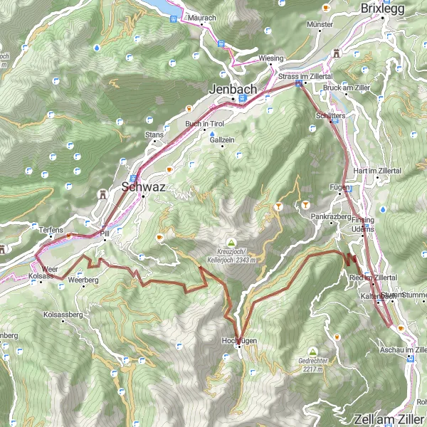 Miniaturní mapa "Gravelová výzva v Zillertale" inspirace pro cyklisty v oblasti Tirol, Austria. Vytvořeno pomocí plánovače tras Tarmacs.app