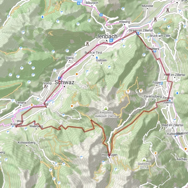 Miniatura della mappa di ispirazione al ciclismo "Giro in Gravel attraverso le montagne di Tirol" nella regione di Tirol, Austria. Generata da Tarmacs.app, pianificatore di rotte ciclistiche