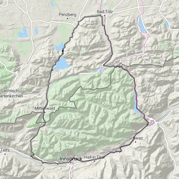 Miniaturekort af cykelinspirationen "Lang vejcykelrute til Achensee og Innsbruck" i Tirol, Austria. Genereret af Tarmacs.app cykelruteplanlægger