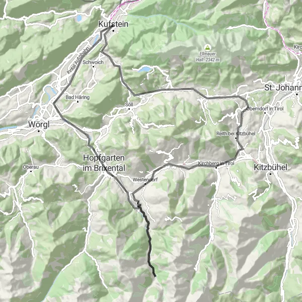 Karttaminiaatyyri "Road-reitti Kufsteinin kukkuloilla" pyöräilyinspiraatiosta alueella Tirol, Austria. Luotu Tarmacs.app pyöräilyreittisuunnittelijalla