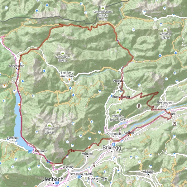 Karttaminiaatyyri "Vuoristomainen Gravel-kiertue Kundlista Kundliin" pyöräilyinspiraatiosta alueella Tirol, Austria. Luotu Tarmacs.app pyöräilyreittisuunnittelijalla