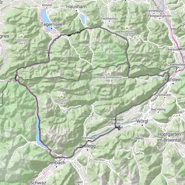 Miniatuurkaart van de fietsinspiratie "Fietsen rond Kundl via Achensee en Ursprungpass" in Tirol, Austria. Gemaakt door de Tarmacs.app fietsrouteplanner