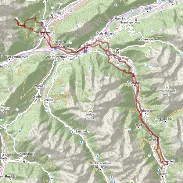 Miniatura della mappa di ispirazione al ciclismo "Gravel bike tour sulle Alpi tirolesi" nella regione di Tirol, Austria. Generata da Tarmacs.app, pianificatore di rotte ciclistiche