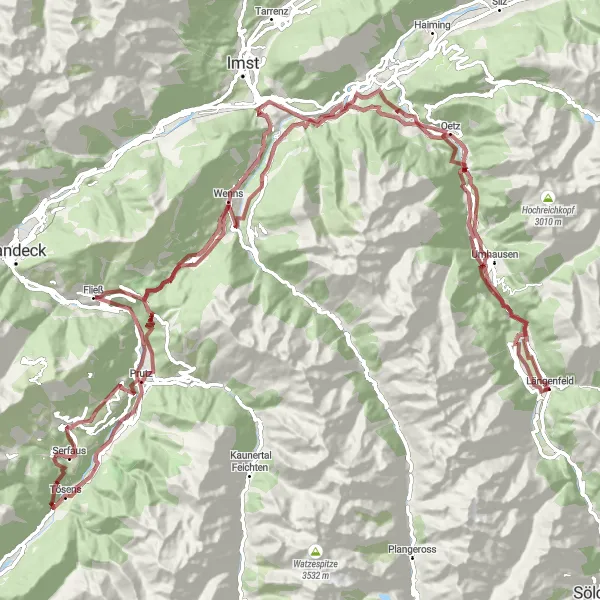 Mapa miniatúra "Gravel trasa Sandbichl - Winklen" cyklistická inšpirácia v Tirol, Austria. Vygenerované cyklistickým plánovačom trás Tarmacs.app