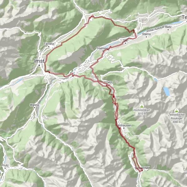 Miniaturní mapa "Gravel trasa kolem Längenfeldu" inspirace pro cyklisty v oblasti Tirol, Austria. Vytvořeno pomocí plánovače tras Tarmacs.app