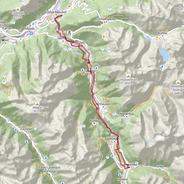 Miniature de la carte de l'inspiration cycliste "Circuit Gravel à travers Östen et Kanzel" dans la Tirol, Austria. Générée par le planificateur d'itinéraire cycliste Tarmacs.app