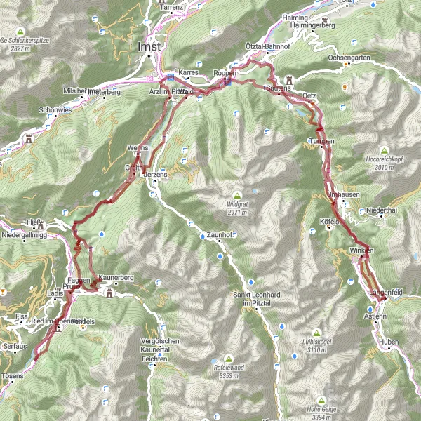 Map miniature of "Ötztal Gravel Challenge" cycling inspiration in Tirol, Austria. Generated by Tarmacs.app cycling route planner