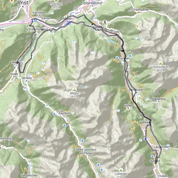 Map miniature of "Ötztal Cycling Excursion" cycling inspiration in Tirol, Austria. Generated by Tarmacs.app cycling route planner