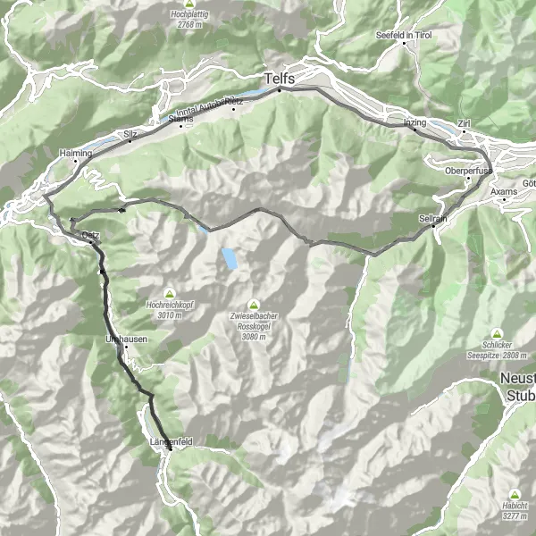 Karttaminiaatyyri "Innsbruckin eteläkierto" pyöräilyinspiraatiosta alueella Tirol, Austria. Luotu Tarmacs.app pyöräilyreittisuunnittelijalla