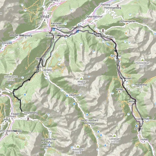 Miniatua del mapa de inspiración ciclista "Ruta Escénica de Längenfeld a Längenfeld" en Tirol, Austria. Generado por Tarmacs.app planificador de rutas ciclistas