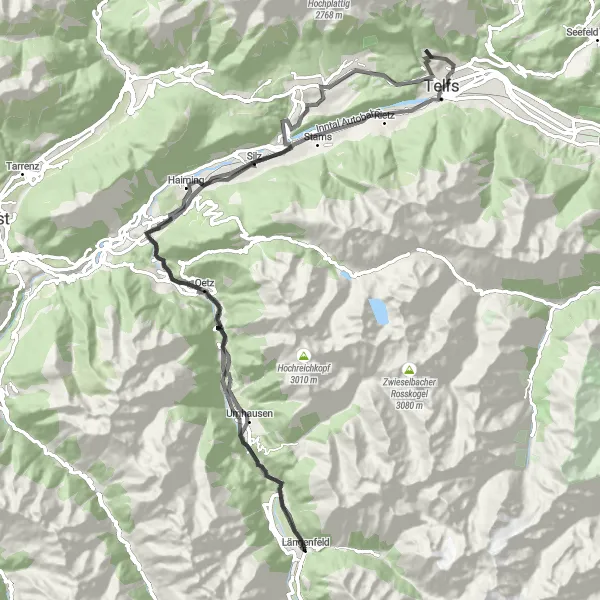 Miniatua del mapa de inspiración ciclista "Ruta Escénica de Längenfeld a Telfs" en Tirol, Austria. Generado por Tarmacs.app planificador de rutas ciclistas
