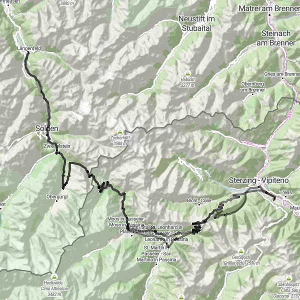 Miniaturní mapa "Náročný silniční okruh z Längenfeldu" inspirace pro cyklisty v oblasti Tirol, Austria. Vytvořeno pomocí plánovače tras Tarmacs.app