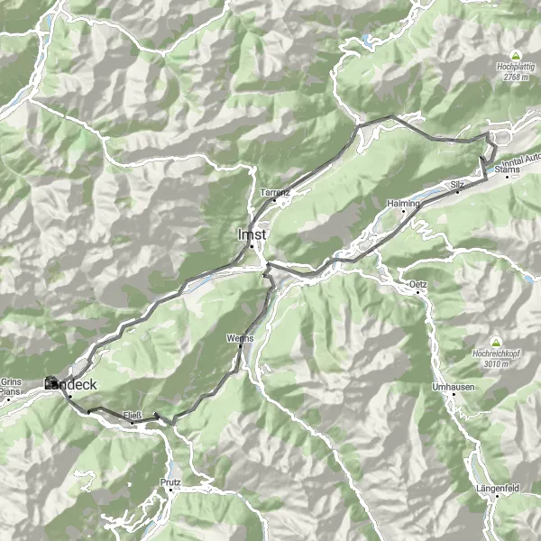 Miniaturní mapa "Okružní cyklistická trasa Zams - Obsteig - Mötz - Holzleitensattel" inspirace pro cyklisty v oblasti Tirol, Austria. Vytvořeno pomocí plánovače tras Tarmacs.app