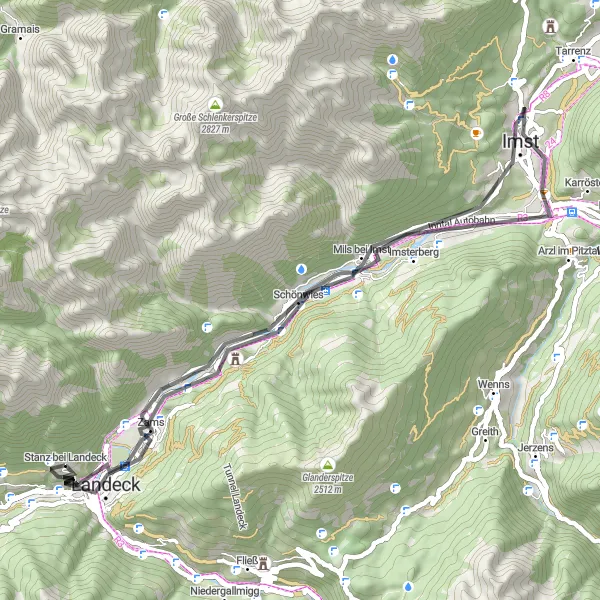 Miniatua del mapa de inspiración ciclista "Ruta pintoresca por carretera desde Landeck a Perfuchs" en Tirol, Austria. Generado por Tarmacs.app planificador de rutas ciclistas