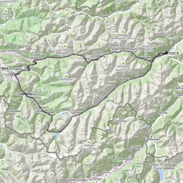 Miniaturní mapa "Cyklotrasa Landeck - Ischgl - Schruns" inspirace pro cyklisty v oblasti Tirol, Austria. Vytvořeno pomocí plánovače tras Tarmacs.app