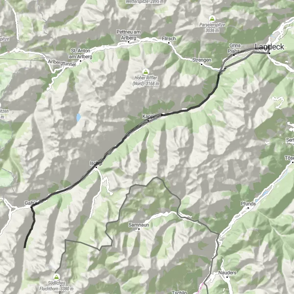 Miniatua del mapa de inspiración ciclista "Ruta por carretera desde Landeck a Stanz bei Landeck" en Tirol, Austria. Generado por Tarmacs.app planificador de rutas ciclistas