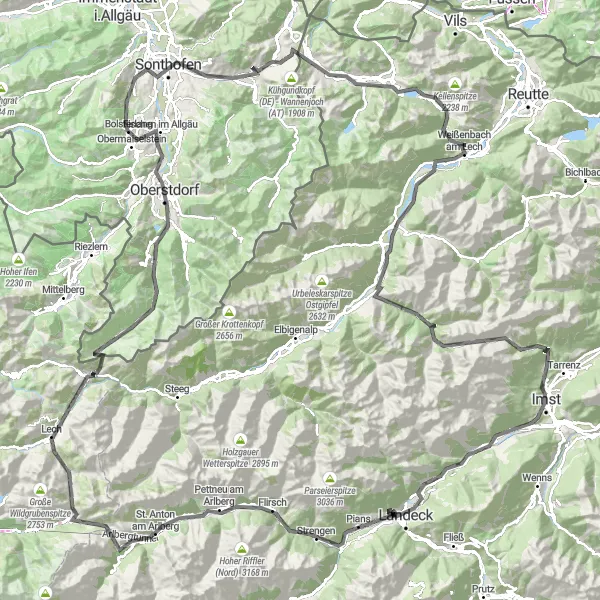 Miniature de la carte de l'inspiration cycliste "Tour des cols alpins de Landeck" dans la Tirol, Austria. Générée par le planificateur d'itinéraire cycliste Tarmacs.app