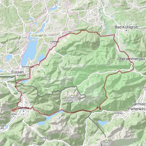 Miniatura della mappa di ispirazione al ciclismo "Tour in Gravel con Viste su Neuschwanstein e Griesen" nella regione di Tirol, Austria. Generata da Tarmacs.app, pianificatore di rotte ciclistiche