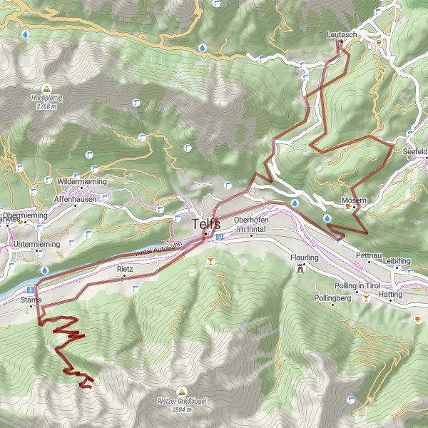 Karten-Miniaturansicht der Radinspiration "Leutasch - Gravel Tour durch die Tiroler Alpen" in Tirol, Austria. Erstellt vom Tarmacs.app-Routenplaner für Radtouren